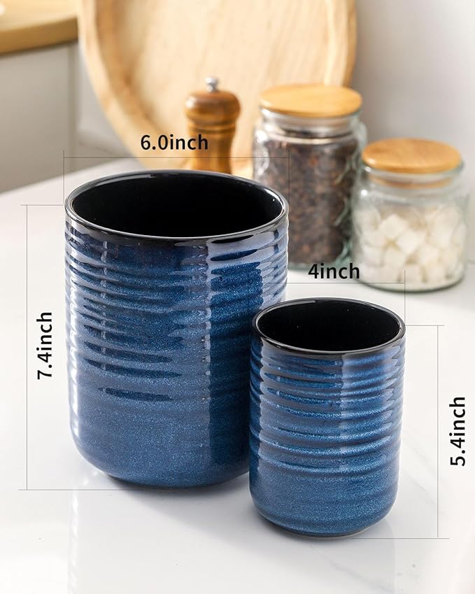 HASENSE Utensil Holder, 7.4” + 5.4” Ceramic Cooking Utensil Crock for Kitchen Counter, 2 Pack Utensil Caddy Utensil Organizer for Spatula and Spoon Kitchen Decor, Navy Blue