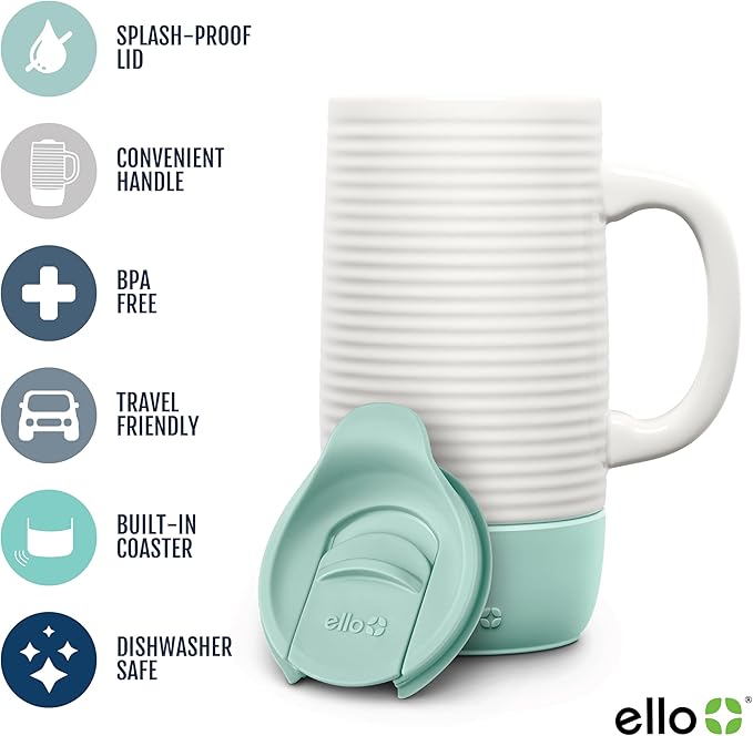 Ello Jane 18oz Ceramic Travel Mug with Handle,Splash-Resistant Slider Lid and Built-in Coaster,Perfect for Coffee and Tea,BPA Free,Dishwasher Safe,Holiday Gift Her Him,Yucca,(Pack of 12)