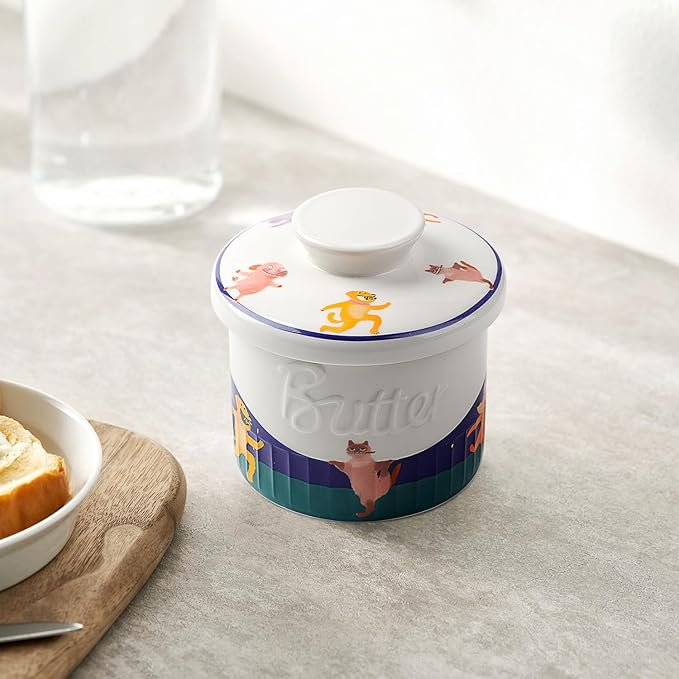Toptier Butter Crock for Counter With Water Line, On Demand Spreadable Butter, Ceramic Butter Keeper to Leave On Counter, French Butter Dish with Lid (Animal Paradise)