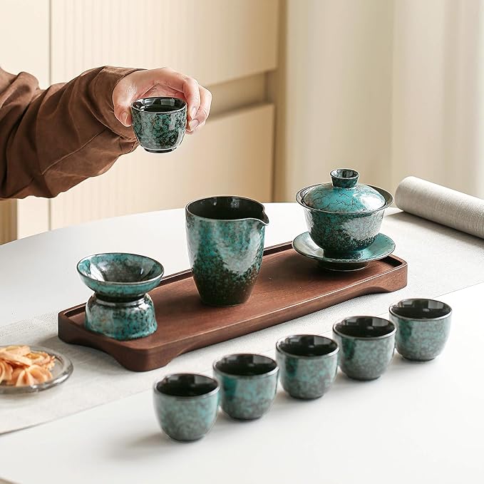 Chinese Tea Set, 10-Piece Ceramic Set with Teapot and Cups, Gongfu Tea Set,Tea Gift Sets,Outdoor and Office (Dark Green)