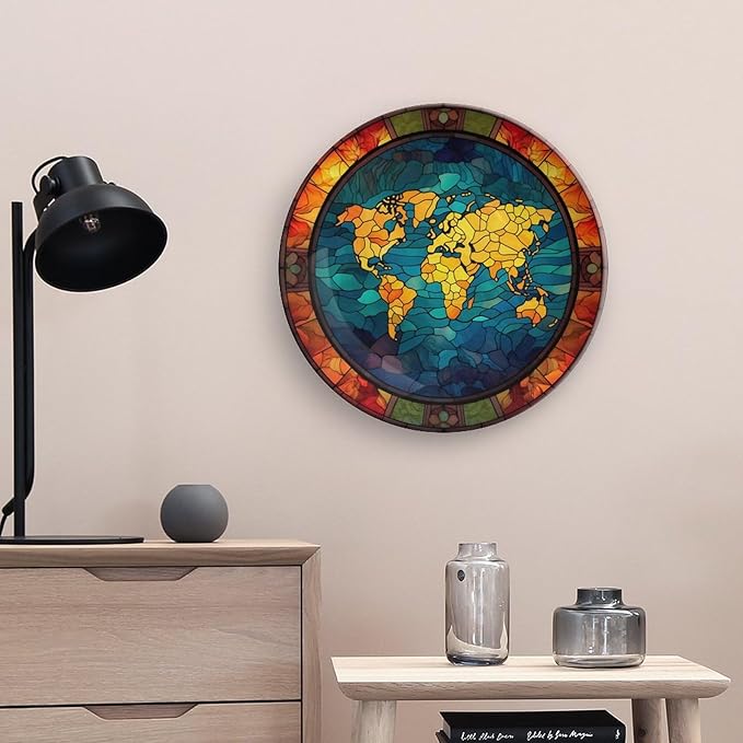 Decorative Plates for Wall Hanging, Retro World Map Stained Glass Design Ceramic Plate w/Display Stand, Home Decor for Kitchen Cabinets, Round Tray 10 Inch, Gift for Adventure Lover Wanderlust