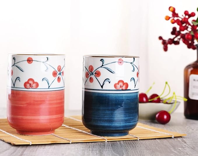 WHJY 10oz Transitional Chinese/Japanese style Handle-less Ceramic Tea cups teacup, Red Flora Pattern Set of 2