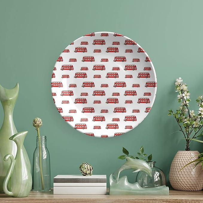 XISUNYA 10 Inch Decorative Plate, London Round Porcelain, Funny Cute Kids Toy Double Decker Bus Cartoon Print Ceramic Wall Hanging for Home & Office Wall Hanging Decor, Vermilion Pale Blue Brown