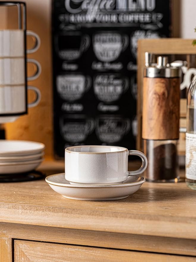 Gomakren 6 Ounce Cappuccino Cups with Saucers and Metal Stand, Stackable Coffee Cup Set of 4, Valentine Porcelain Espresso Cups for Coffee Drinks, Cappuccino, Latte, Americano, Tea, White