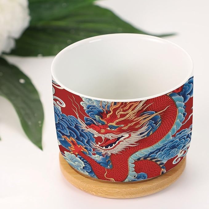 Set of 5 Chinoiserie Dragon Small Planters Ceramics Red and Auqa Dragon Ceramics Plant Pot with Drainage Bamboo Trays Japanese Asian Style Pots for Succulents Indoor