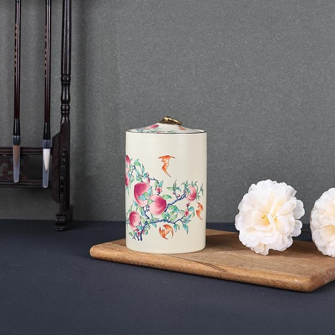 Chinoiserie Porcelain Decorative Jar with Lid,Home Decor Accent, Kitchen Canning Container, Jar for Loose Tea, Pen Holder,21oz Ceramic Vase & Storage Jar (FS Jar)