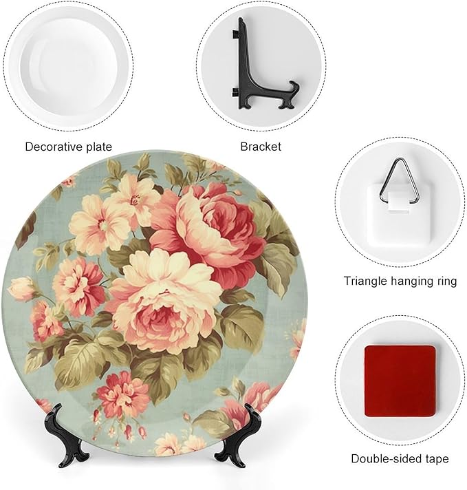 China Plates Pink Cabbage Roses Romantic Aqua Personalized Decor for Art Decoration Home Festival Wedding Ceramic Dinner Plates with Display Stand And Hook Up, Multi Sizes, Gifts for Men Women