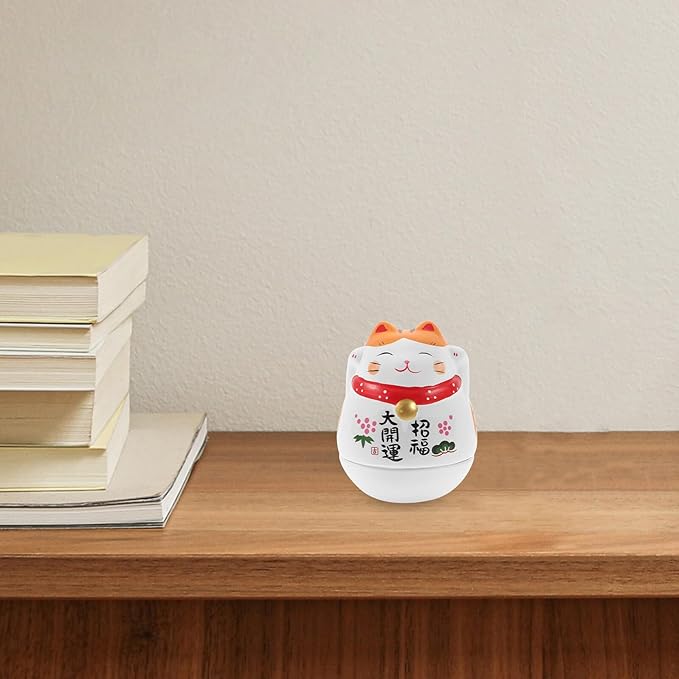 BESTonZON Ceramic Cat Tumbler Figurine Desktop Ornament White Lucky Cat Wobble Japanese Style Decorative Collectible for Home Office