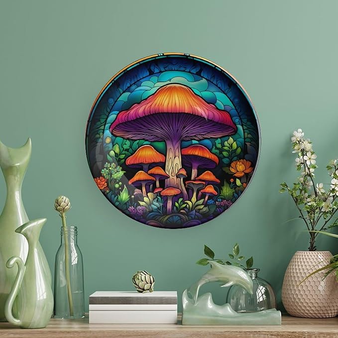Decorative Plates, Forest Mushroom Stained Glass Painting Ceramic Dinner Plate Home Wobble-Plate with Display Stand, Wall Hanging Decor for Kitchen Household 6 Inch, Gifts for Mushroom Lovers