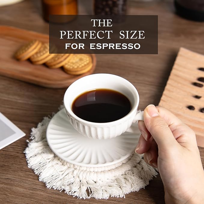 4 oz White Espresso Cups Set of 2, Ceramic Cappuccino Cups with Saucers, Durable Porcelain Tea Set & Modern Coffee Cup Collection, Coffee Lover Gifts