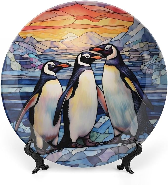 Decorative Plates for Wall Hanging, Penguins Family Snow Winter Stained Glass Painting Ceramic Plate w/ Display Stand, Home Decor for Kitchen Cabinets, Round Tray 10 Inch, Gift for Penguin Lovers
