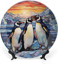 Decorative Plates for Wall Hanging, Penguins Family Snow Winter Stained Glass Painting Ceramic Plate w/ Display Stand, Home Decor for Kitchen Cabinets, Round Tray 10 Inch, Gift for Penguin Lovers