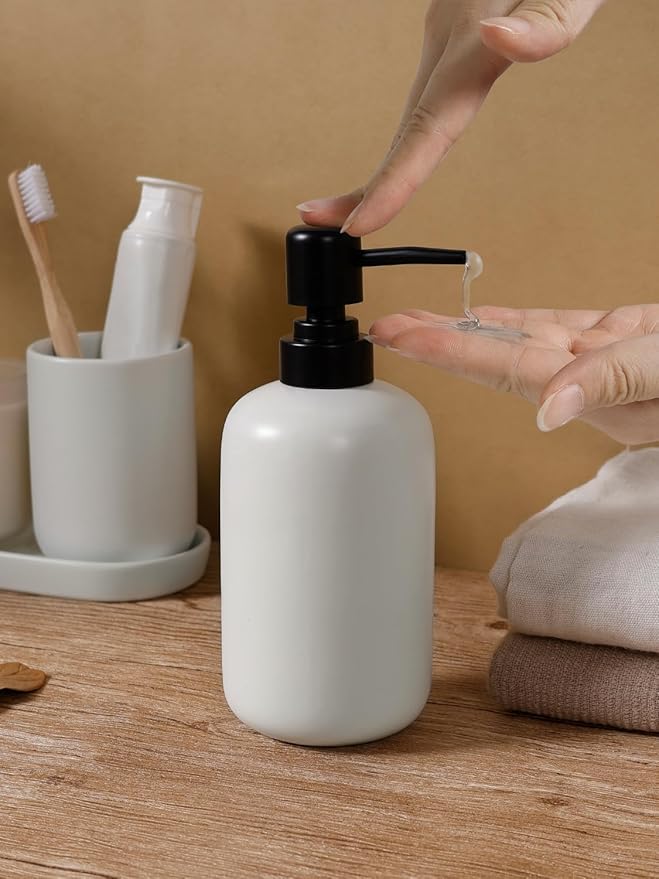 INGOFIN 3 Pcs Ceramic Bathroom Accessory Set - Liquid Soap Dispenser, Toothbrush Holder & Tray, Bathroom Counter Set, Countertop Essentials for Home, Guest Bathroom, or Office Use, White
