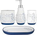 Beach Theme Bathroom Accessory Sets 4PCS Bathroom Accessories Set Complete Embossed Seashell Starfish Design Includes Lotion Dispenser Toothbrush Holder Tumbler Cup & Vanity Tray