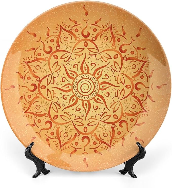 10 Inch Decorative Plate, Lotus Ceramic Stoneware, African Tribal Sun Pattern Primitive Figures Icon Print Ceramic Wall Hanging Decor Accessory for Dining Table Tabletop Home Decor, Dark Orange