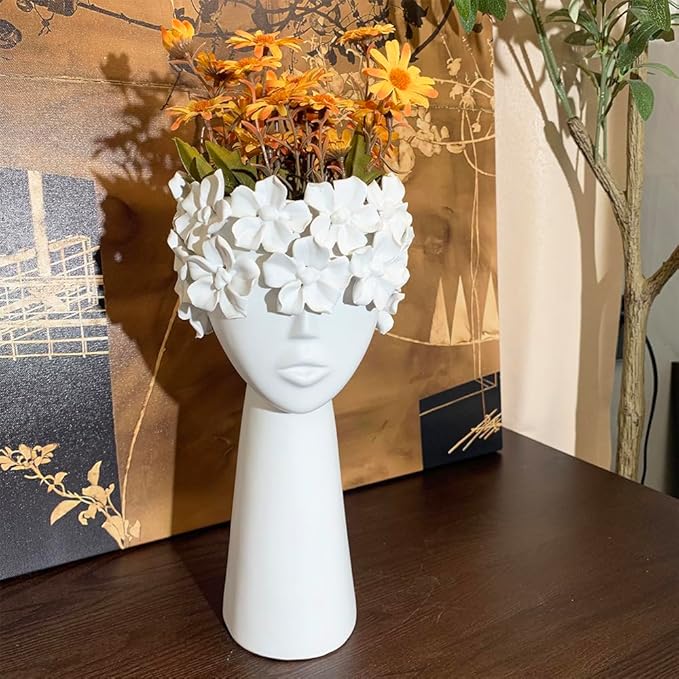 Ceramic Sculpture Female Head Face Flower Vase Decoration, Unique White Centerpiece for Home Decor