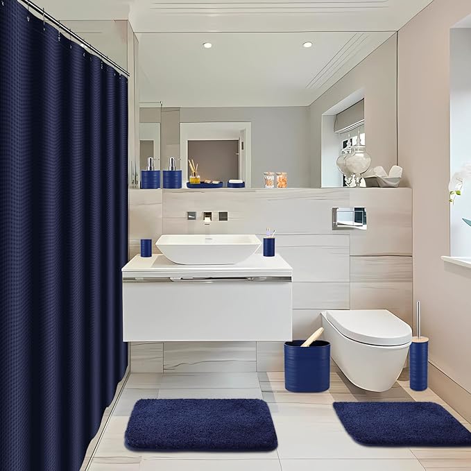 Bathroom Set - Navy Blue Bathroom Accessories Set, Bathroom Sets with Shower Curtain and Rugs, 25PC Shower Curtain Set with Hooks, Soap Dispenser, Soap Dish, Toilet Brush Holder and Trash Can