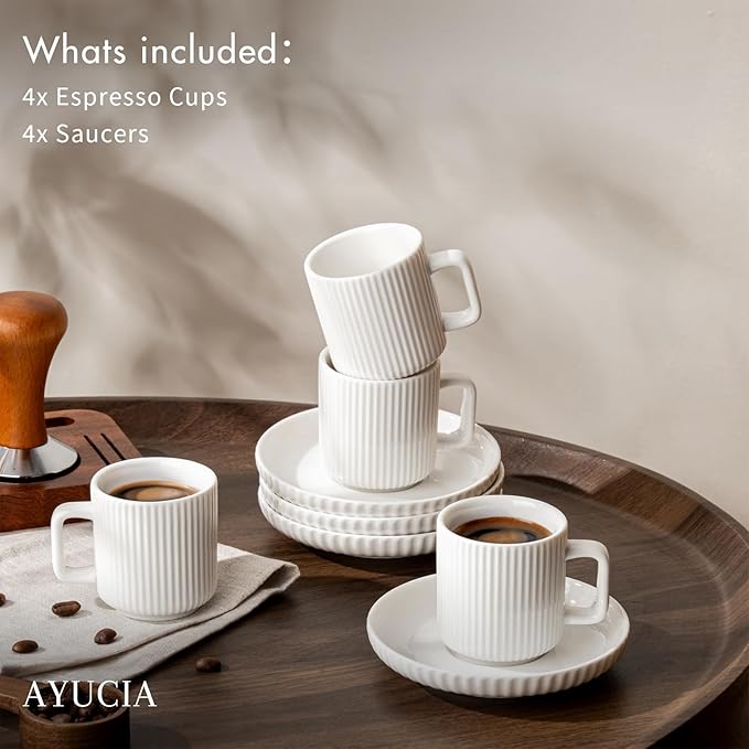 2.5OZ Espresso Cups Set of 4, White Cream Ceramic Demitasse Espresso Mugs with Saucers, Small Coffee Cups for Single/Double Espresso Shots