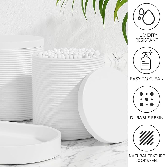 6-Piece Bathroom Accessory Set Resin, White Bath Accessories Complete with Toothbrush Holder, Lotion Soap Dispenser, 2 Qtip Holders,Vanity Tray,Bathroom Tumbler - Countertop Vanity Organizer