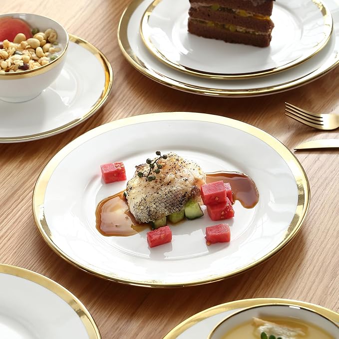 Dinner Plates, Set of 6, 10 inch,White Porcelain with Gold Trim，Appetizer Plates,Ceramic Round Dessert Serving Plates for Bread, Salad, Snack and Finger Food,Elegant Ceramic Dinner Plates