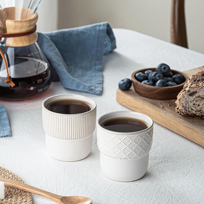 Espresso Cups Set of 2, 4oz Espresso Shot Cups, Mini Coffee Mugs Farmhouse Decor, Demitasse Cup Perfect for Coffee Maker, Microwave and Dishwasher Safe, (Embossed Stripes+Checks