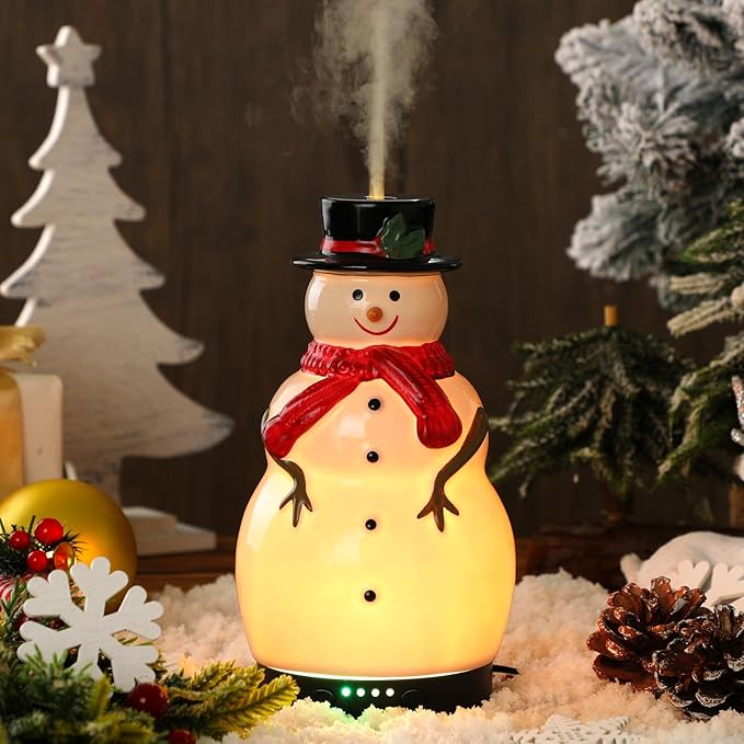 Christmas Essential Oil Diffuser 120ml Ceramic Snowman Aromatherapy Humidifier, Holiday Diffuser Gift, Xmas Stocking Stuffer, Cute Tabletop Christmas Decoration for Home Office Winter