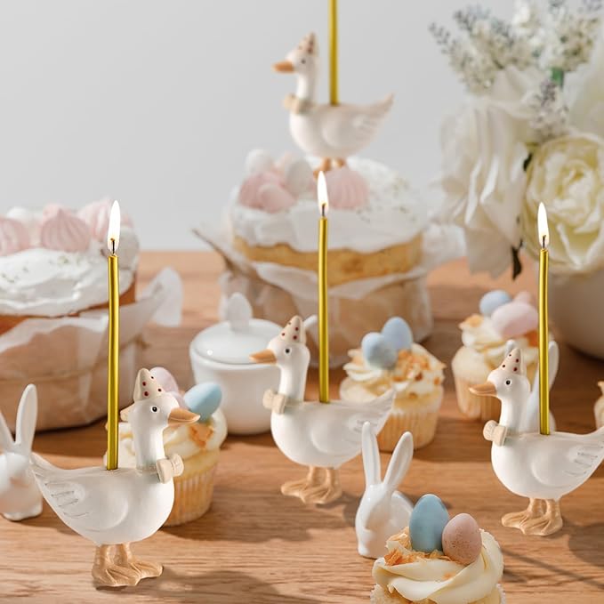 Mumufy Silly Goose Cake Candle Holders with Birthday Candle One Birthday Party Supplies Mini Cute Cake Topper Stand Candlestick for Kids Baby Shower Party Celebration, 3.15 Inch (Goose,Beige)