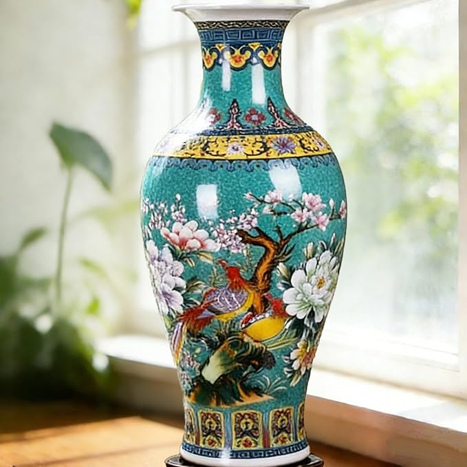 14" Jingdezhen Large Fishtail Ceramic Vase Golden Handmade Home Decorative Vase, Modern Luxury Accent for Living Room, Wedding, or Gift. Elegant Floral Arrangement Centerpiece. (Green)