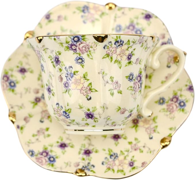 TATSUMI Country Roses 18 Peices Bone China Tea Cup And Saucer Set, English Vintage Tea Cups Of 6 For Women And Tea Party Sets(yellow,6 Sets)