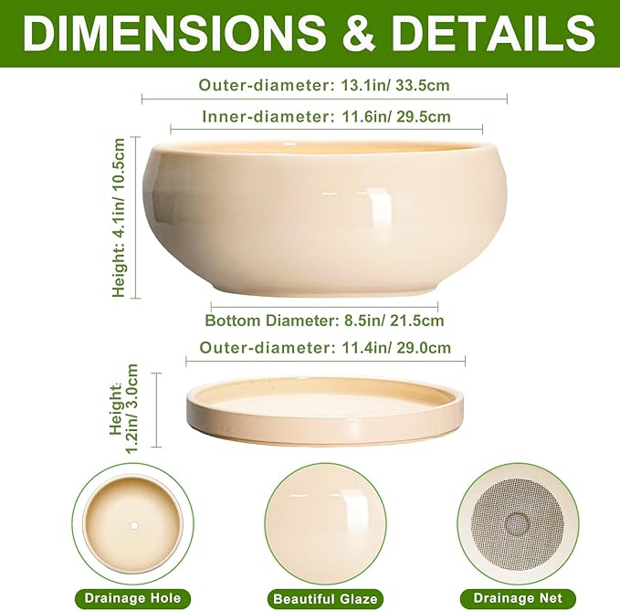Large Succulent Planters - 13 Inch Ceramic Bonsai Pots Indoor Outdoor, Shallow Planter with Drainage Hole and Tray, Round Planter Bowl, Large Bonsai Pot, Home Decor, Housewarming Gift, Beige