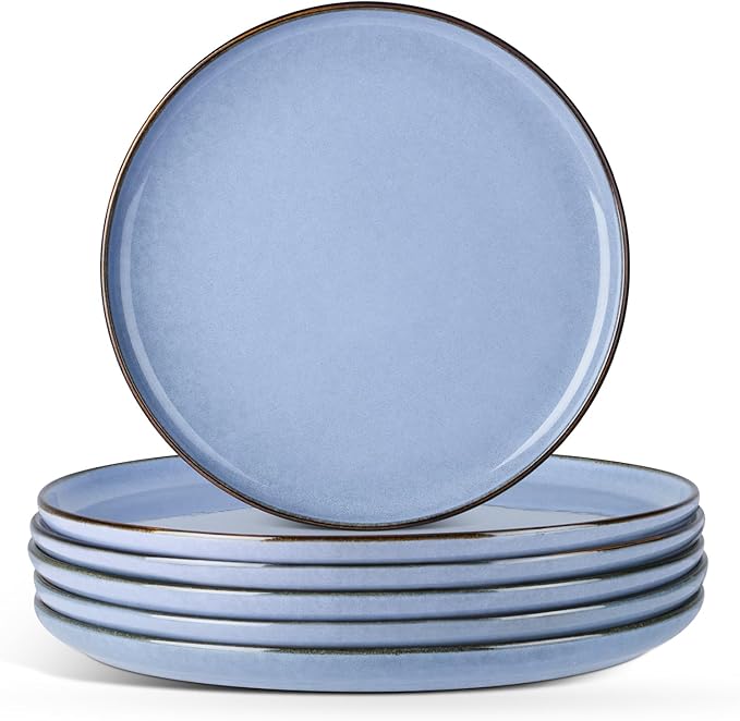 E-far 8” Ceramic Salad Plates Set of 6, Reactive Glaze Stoneware Dishes, Round Dessert Plate for Home Kitchen Restaurant, Microwave & Dishwasher Safe – Ocean Blue