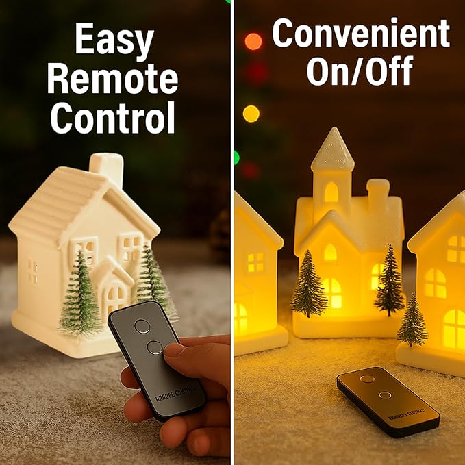 Christmas Decorations - Indoor Christmas Village Set of 3 Lighted Ceramic Houses with Trees - White Xmas Holiday Farmhouse Rustic Decor for Home Table Room