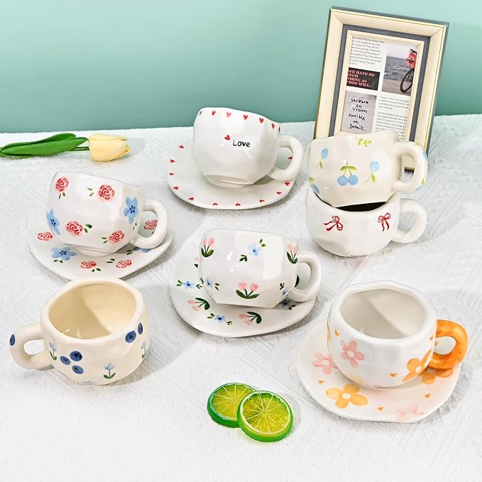 Koythin Ceramic Coffee Mug with Saucer Set, Cute Creative Fresh Fruit Cup Unique Irregular Design for Office and Home, 10 oz/300 ml for Latte Tea Milk