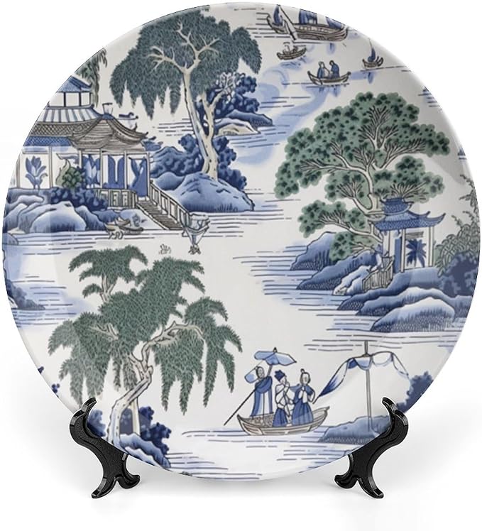 Asian Scenic in Blue And Kelly Green Chinoiserie Vintage Plates for Display Housewarming Gifts Kitchen Supplies Office Farmhouse Holiday Party Decorations Personalized Gifts for Men Women Holiday