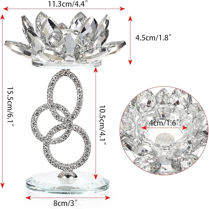 OwnMy Set of 2 Crystal Lotus Flower Candlestick Holders Metal Glass Lotus Pillar Candle Holders, Silver Crystal Lotus Votive Candlesticks Tealight Candle Stands for Wedding Table Centerpiece, 6.1" H