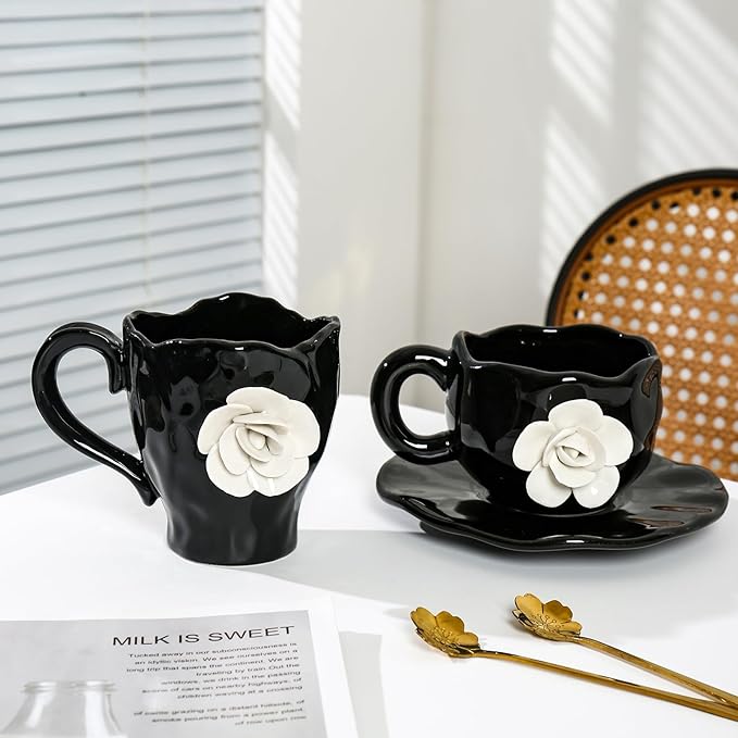 Cute Ceramic Coffee Cups, Unique Fancy Tea Cups with Saucer, 11OZ for Cappuccino Latte Milk