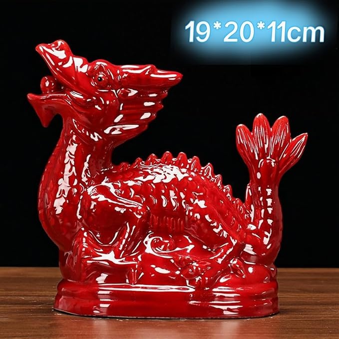 Retro Sculpture Ceramic Zodiac Dragon Sculpture Asian Feng Shui Ornaments Symbolize Power and Nobility Red Trumpet
