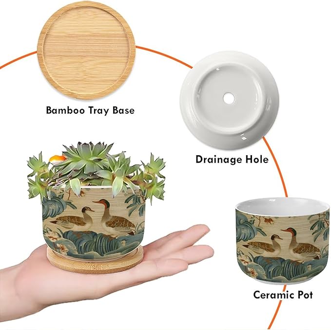 1 Piece and Duck Garden Small Plant Pots Chinoiserie Style Succulent Pot with Drainage Bamboo Trays Green Water Lily Chinoiserie Flower Ceramics Planters for Indoor Plants