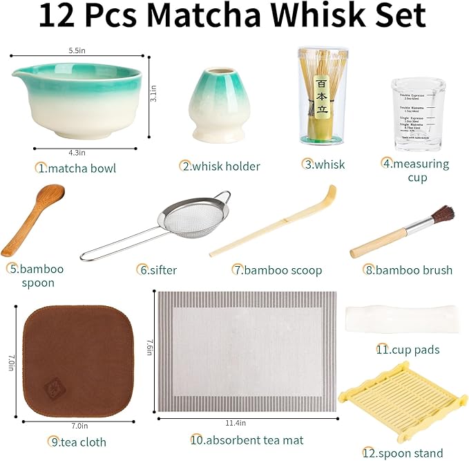 12 Pcs Matcha Whisk Set - Matcha Set Includes Ceramics Matcha Bowl and Cup, Matcha Kit for Ceremony Making Tools, Gift for Family/Friend (Gradient white-green)