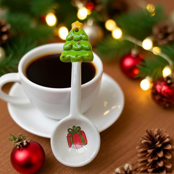 2Pcs Christmas Spoons Ceramic Spoons with Creative Xmas Tree Theme for Dessert Cake Coffee Tea Drinking Stirring Mixing Spoons Xmas Holiday Tableware Party Supplies