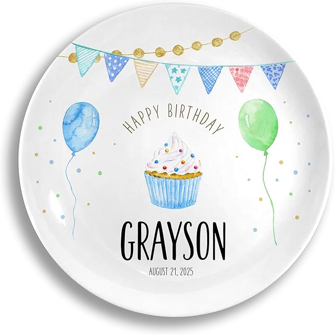 Personalized Birthday Plate, Ceramic Keepsake Gift, Classic Party Cupcake, Dishwasher Safe, Heirloom, Start a new Tradition, use year after year, Handmade and Original, Little Worm Studio