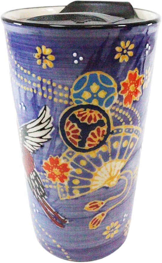Ebros Oriental Japanese Design Double Walled Porcelain Ceramic Tall Hot Or Cold Drink Travel Mug Cup 12oz With Straw Or Sip Holed Cover Lid (Purple Japanese Crane With Oriental Fans)
