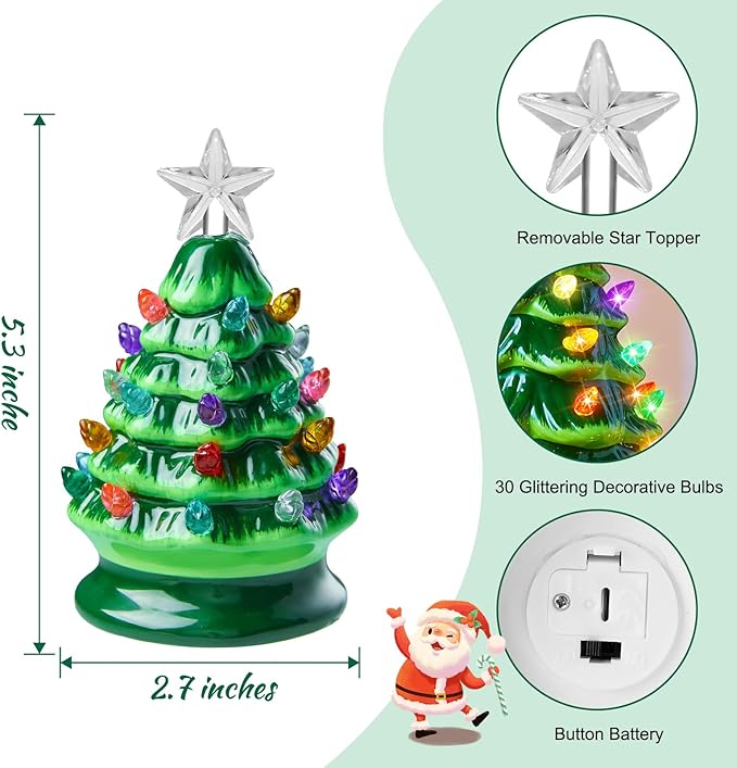 5 Inch Mini Ceramic Christmas Tree Set - 4 Pack Pre-lit Tabletop Christmas Tree with Multicolored LED Light, Battery Operated Small Lighted Tree for Home Table Holiday Decoration