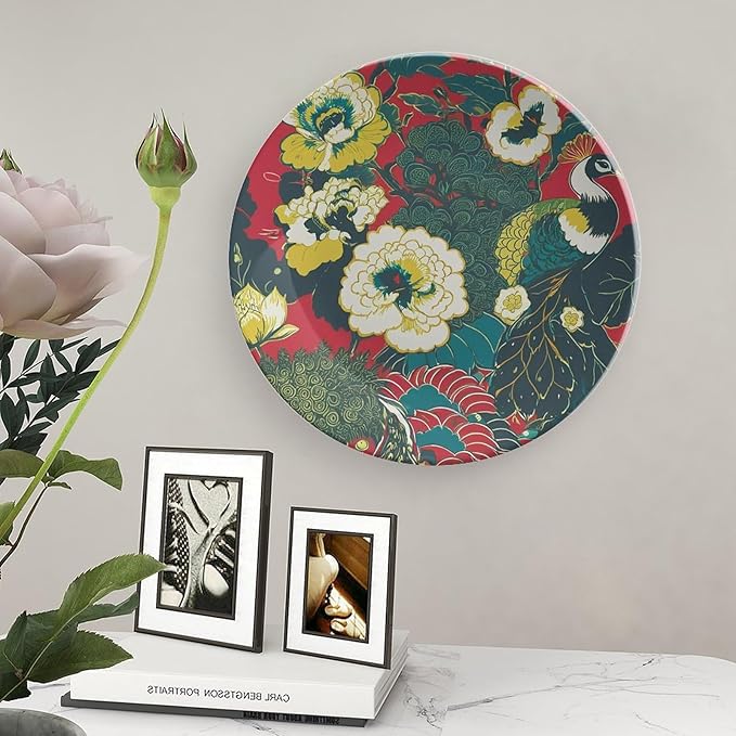 Chinoiserie Red Flowers Vintage Plates of 6", 7", 9", 10", Custom Peacock Birds And Floral Ceramic Salad Plates, Wall Club Decorations Wedding, with Display Stand And Hook Up