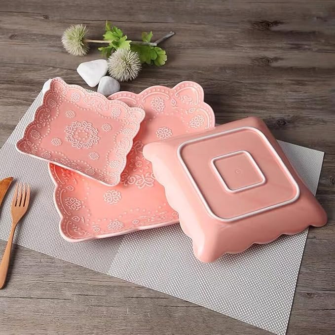 Eplze YBK Tech Elegant Square Embossed Lace Plate Bone China Dessert Plate Ceramic Plate for Breakfast Afternoon Tea (Pink, 6-inch)
