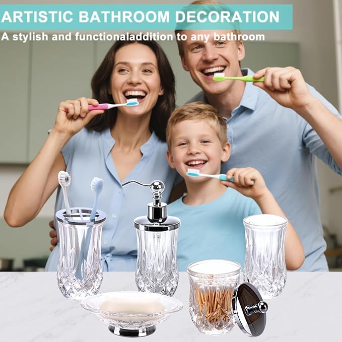 Bathroom Accessories Set,5 Pcs Clear Glass Bathroom Accessory Set,Complete Lotion Soap Dispenser,Toothbrush Holder,Soap Dish,Tumbler & Jar,Modern Bathroom Decor Sets Gift,Round