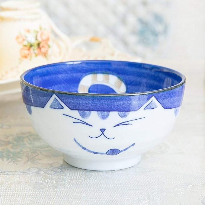 JapanBargain 2471, Set of 4 Japanese Porcelain Bowls Serving Miso Soup Pho Ramen Udon Donburi and Salad, Maneki Neko Smiling Cat Pattern, 18 fl.oz. 5-inch, Blue Color, Made in Japan