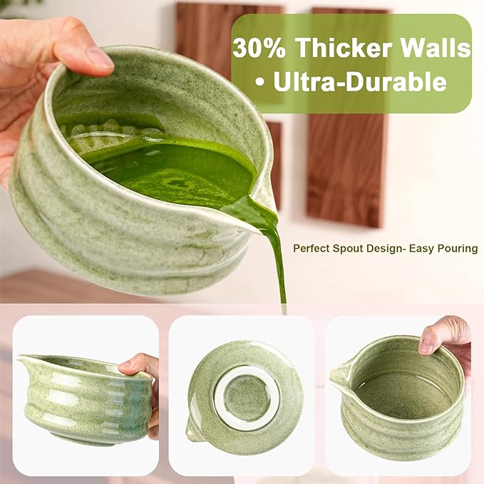 Artisan Ceramic Matcha Set, 7Pcs Japanese Matcha Whisk Kit with Speckled Glaze Bowl, Bamboo Chasen & Sifter - Elegant Tea Ceremony Gifts for Women & Men, Premium Home Essentials (Green)