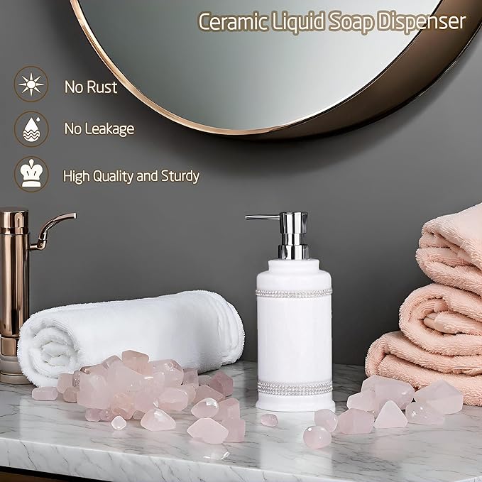 17 OZ Hand Liquid&Lotion Soap Dispenser Pump Bottle Ceramic White for Kitchen Bathroom Countertop Laundry Room Holds Dish Soap Shampoo Laundry Liquid Shower Gel (Inlaid Rhinestone) (White1)