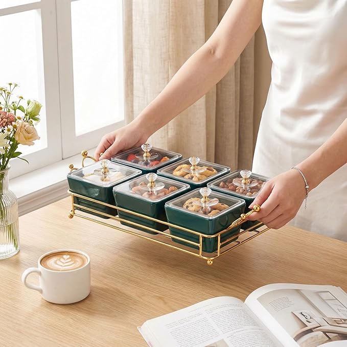 YA JU Ceramic Bowls and with Lid Gold Basket Trays, 6 Removable Small Bowls Condiment Trays Nut Serving Set for Snacks, Fruits, Candy and Condiments - Great for Parties, Holiday Gifts, Green